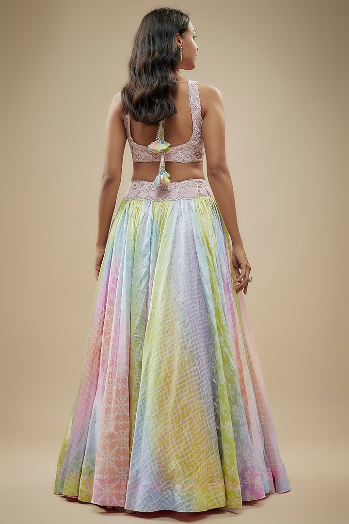 Multi-Colored Pastel Kora Silk Block Printed Wedding Lehenga Set by Prisha's at Pernia's Pop Up Shop