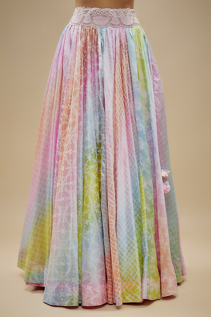 Multi-Colored Pastel Kora Silk Block Printed Wedding Lehenga Set by Prisha's at Pernia's Pop Up Shop