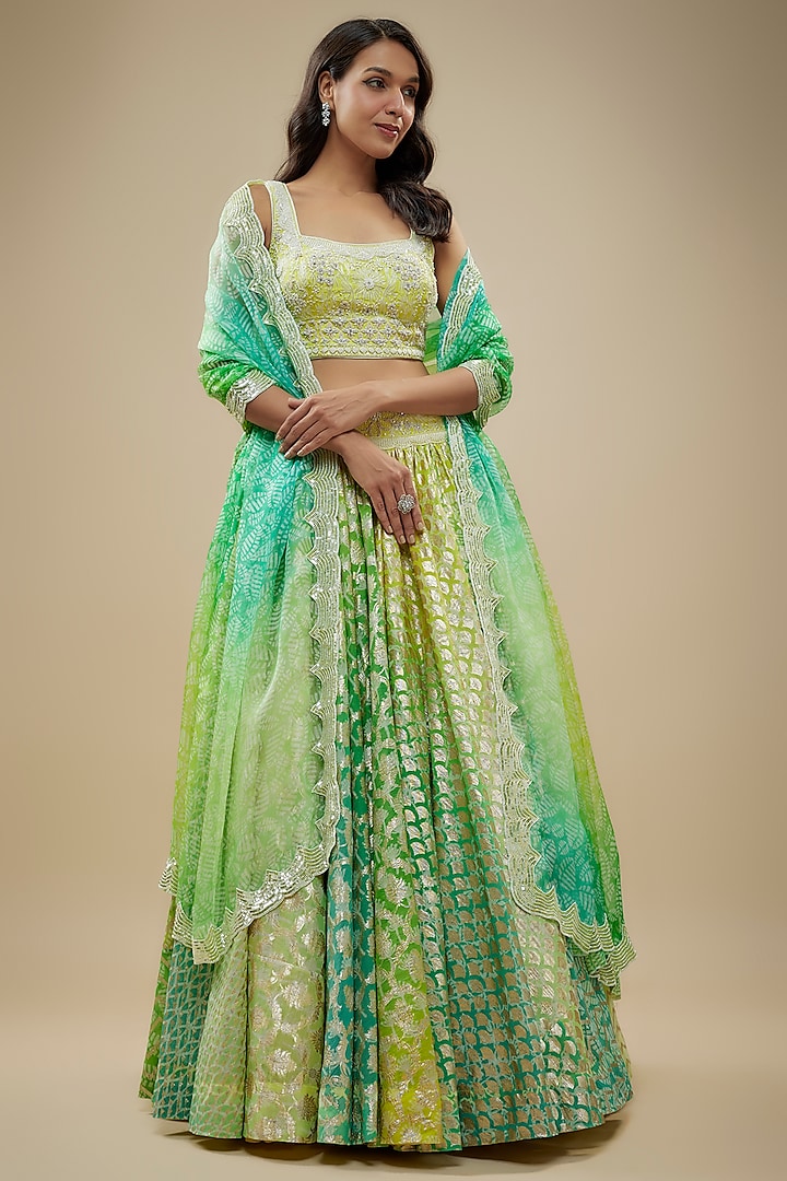 Green Chanderi Banarasi Handwoven Printed Lehenga Set by Prisha's