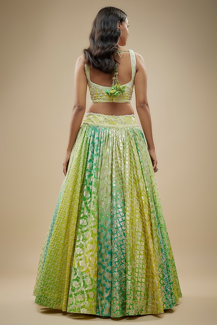Green Chanderi Banarasi Handwoven Printed Wedding Lehenga Set by Prisha's at Pernia's Pop Up Shop