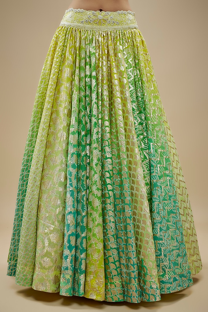 Green Chanderi Banarasi Handwoven Printed Wedding Lehenga Set by Prisha's at Pernia's Pop Up Shop