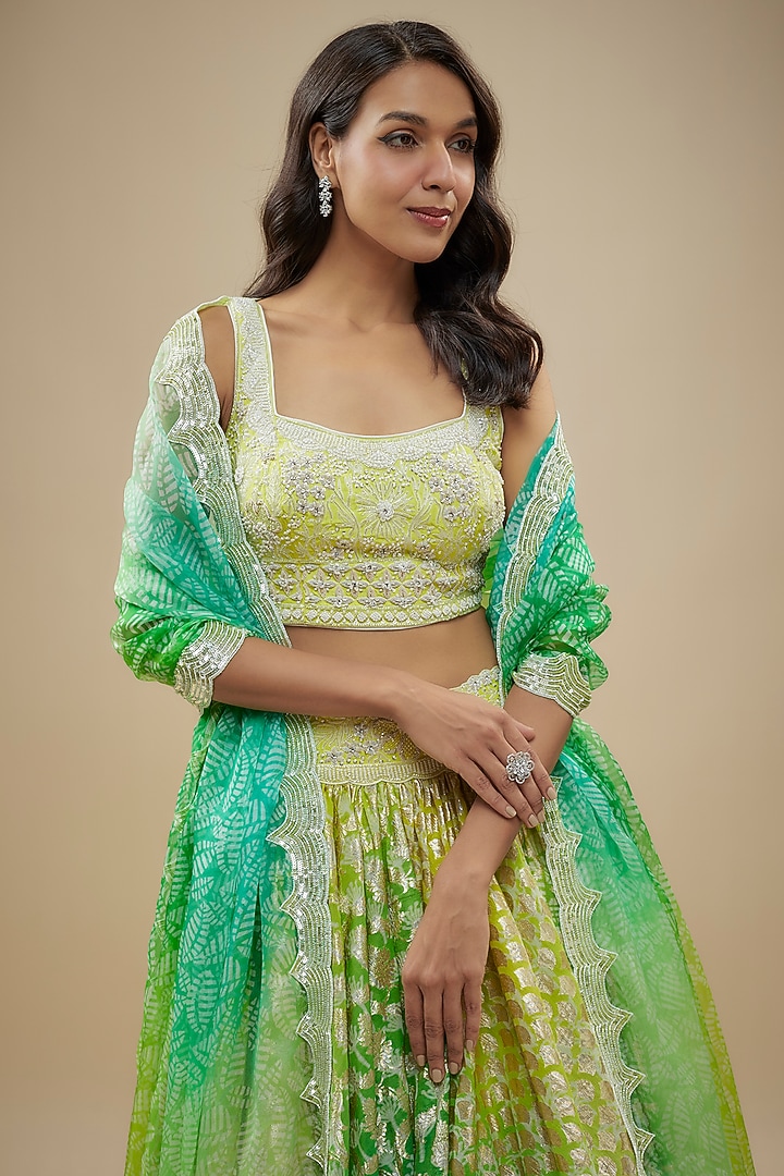 Green Chanderi Banarasi Handwoven Printed Wedding Lehenga Set by Prisha's at Pernia's Pop Up Shop
