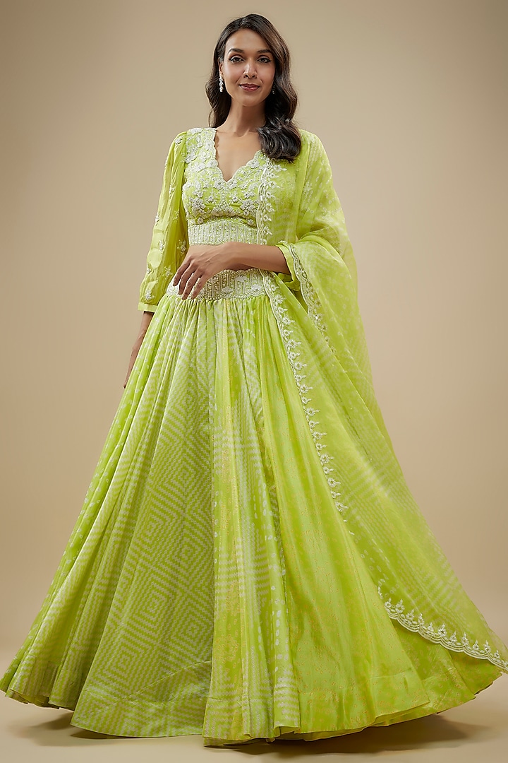 Green Kora Silk Block Printed Wedding Lehenga Set by Prisha's at Pernia's Pop Up Shop