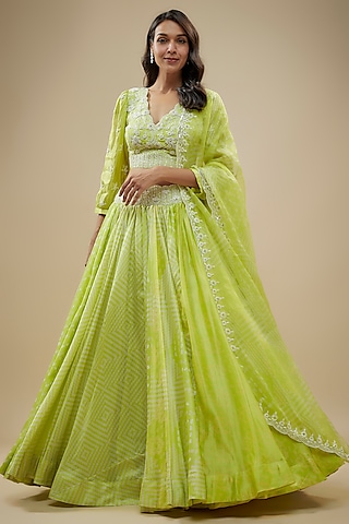 Green Kora Silk Block Printed Lehenga Set by Prisha's
