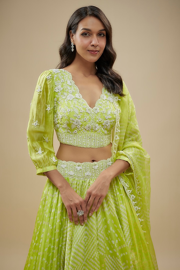 Green Kora Silk Block Printed Wedding Lehenga Set by Prisha's at Pernia's Pop Up Shop