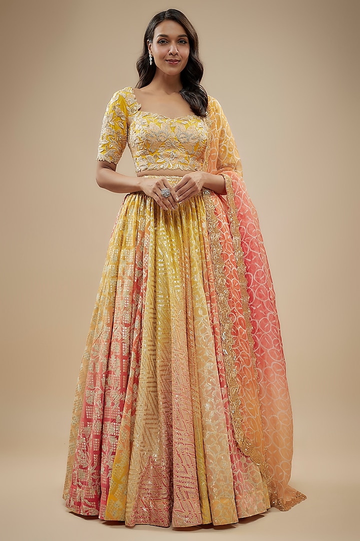 Yellow-Orange Organza Handwoven Printed Lehenga Set by Prisha's