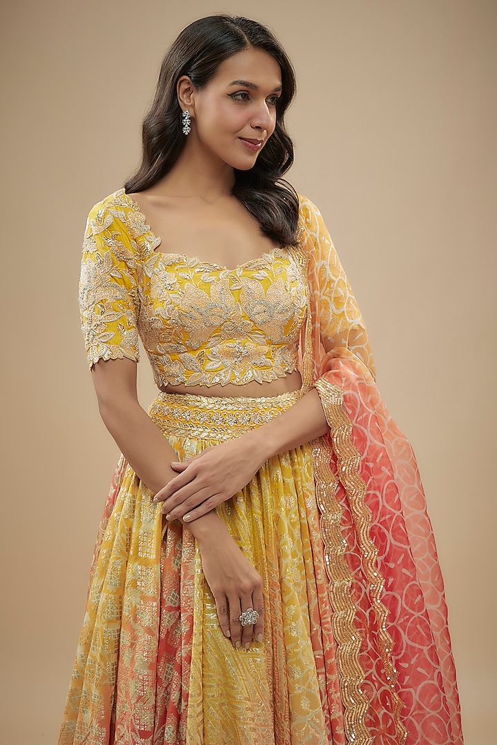Yellow-Orange Organza Handwoven Printed Wedding Lehenga Set by Prisha's at Pernia's Pop Up Shop