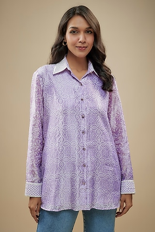 Lilac Kora Silk Zardosi Embroidered & Block Printed Shirt by Prisha's