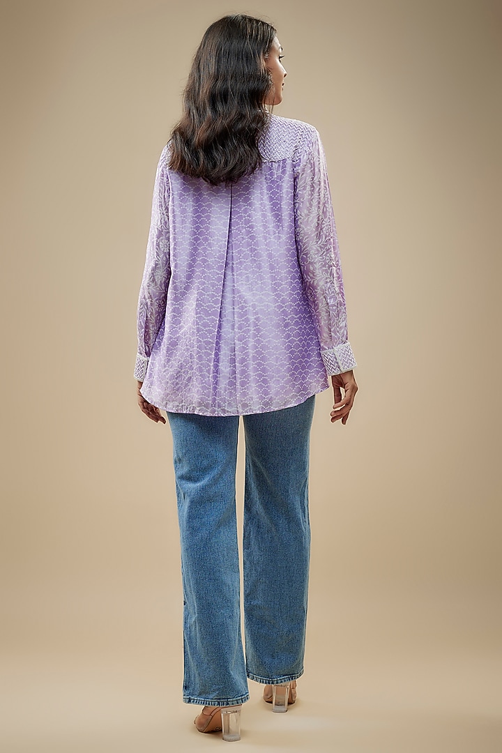 Lilac Kora Silk Zardosi Embroidered & Block Printed Shirt by Prisha's at Pernia's Pop Up Shop