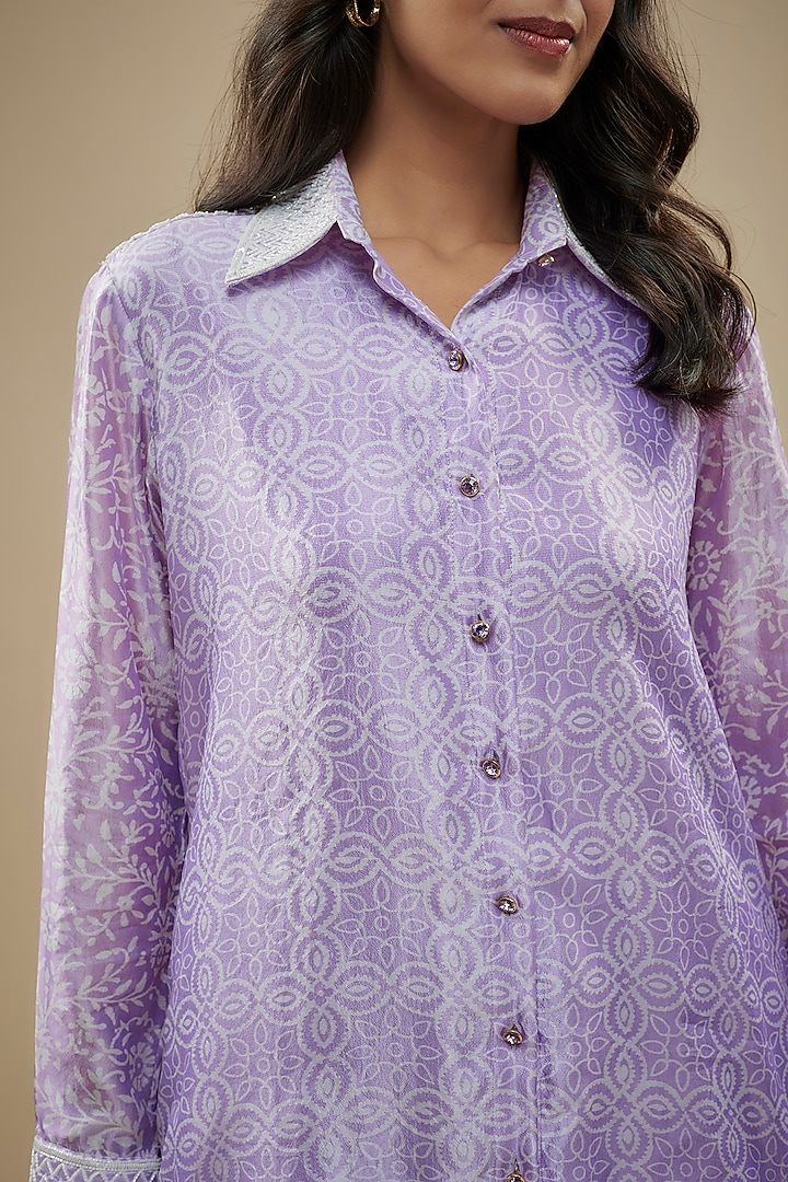 Lilac Kora Silk Zardosi Embroidered & Block Printed Shirt by Prisha's at Pernia's Pop Up Shop