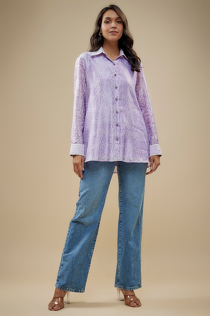 Lilac Kora Silk Zardosi Embroidered & Block Printed Shirt by Prisha's at Pernia's Pop Up Shop