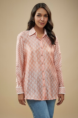 Peach Kora Silk Embroidered & Printed Shirt by Prisha's