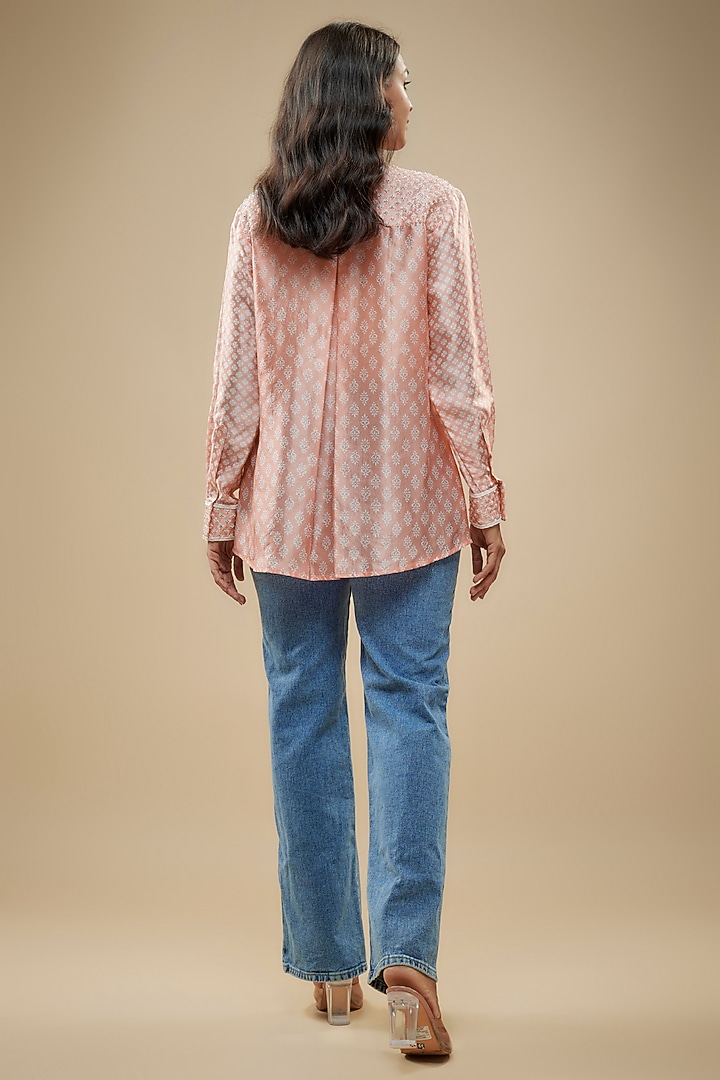 Peach Kora Silk Embroidered & Printed Shirt by Prisha's at Pernia's Pop Up Shop