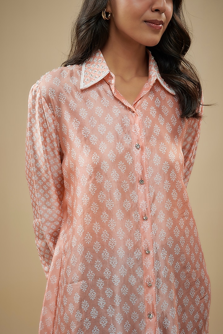 Peach Kora Silk Embroidered & Printed Shirt by Prisha's at Pernia's Pop Up Shop