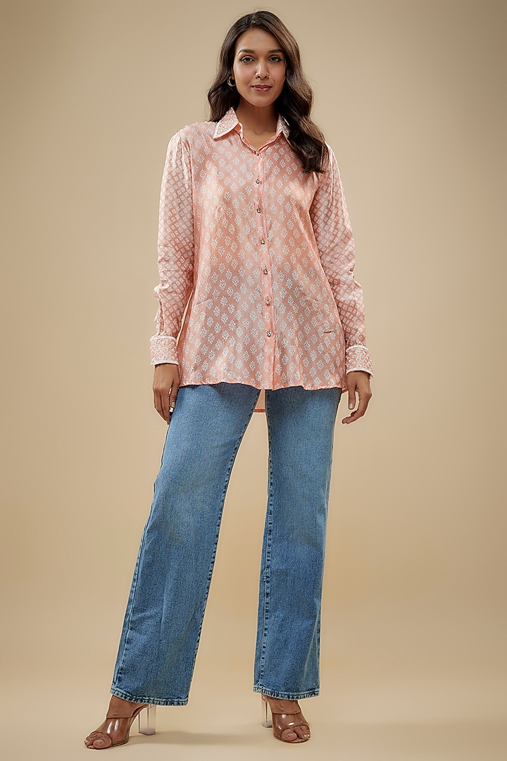 Peach Kora Silk Embroidered & Printed Shirt by Prisha's at Pernia's Pop Up Shop