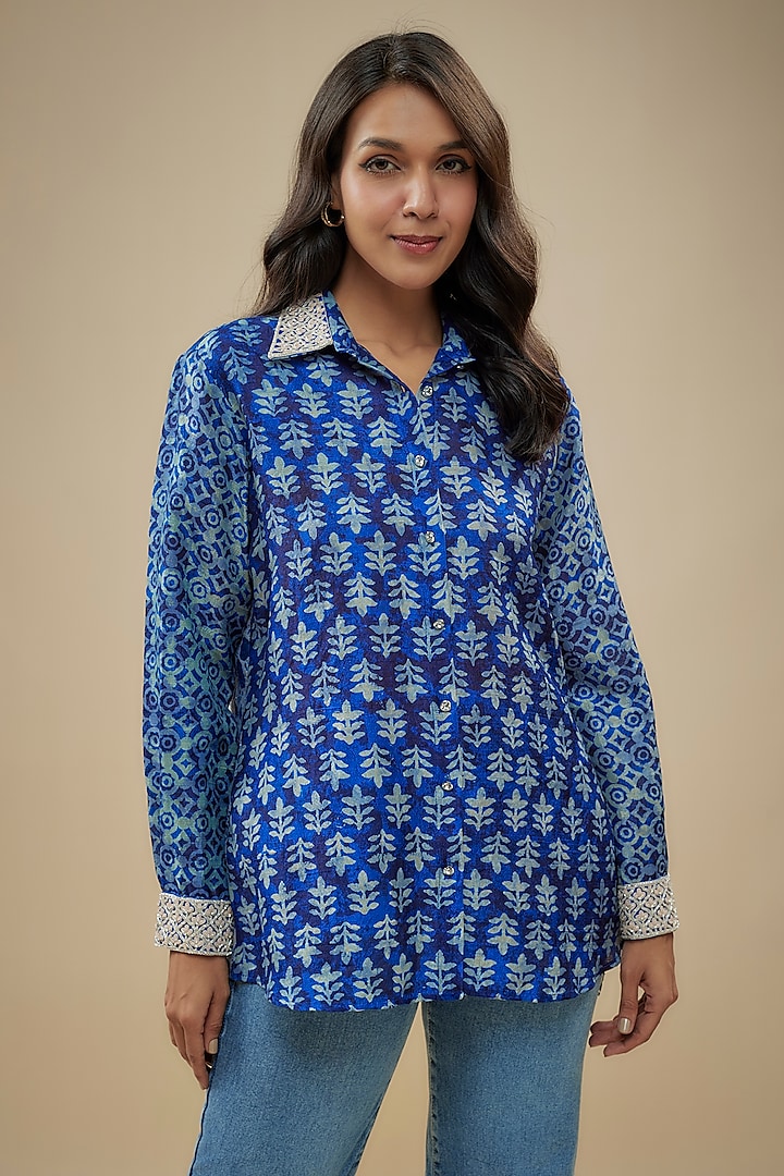 Indigo Raw Silk Embroidered & Printed Shirt by Prisha's at Pernia's Pop Up Shop