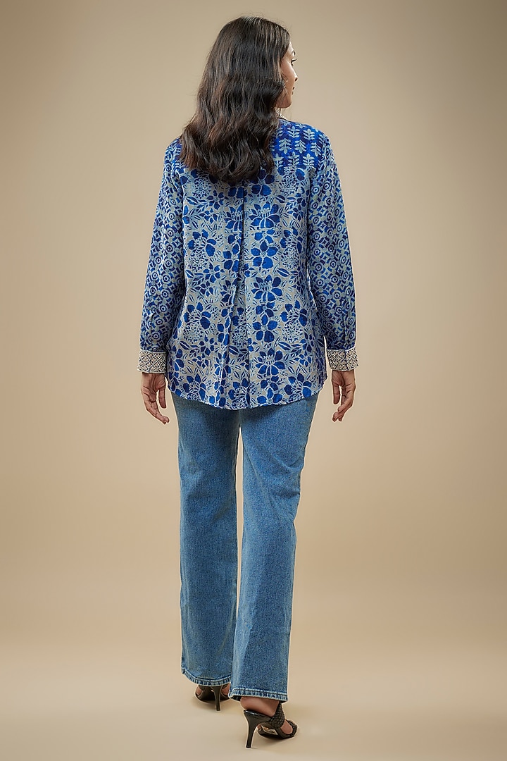 Indigo Raw Silk Embroidered & Printed Shirt by Prisha's at Pernia's Pop Up Shop