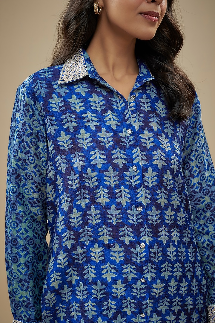 Indigo Raw Silk Embroidered & Printed Shirt by Prisha's at Pernia's Pop Up Shop