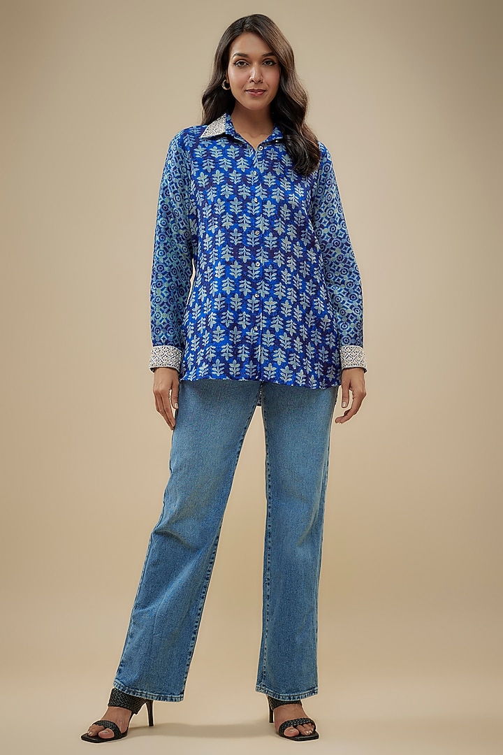 Indigo Raw Silk Embroidered & Printed Shirt by Prisha's at Pernia's Pop Up Shop