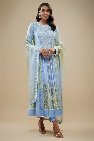 Multi-Colored Kora Silk Embroidered & Printed Kurta Set by Prisha's