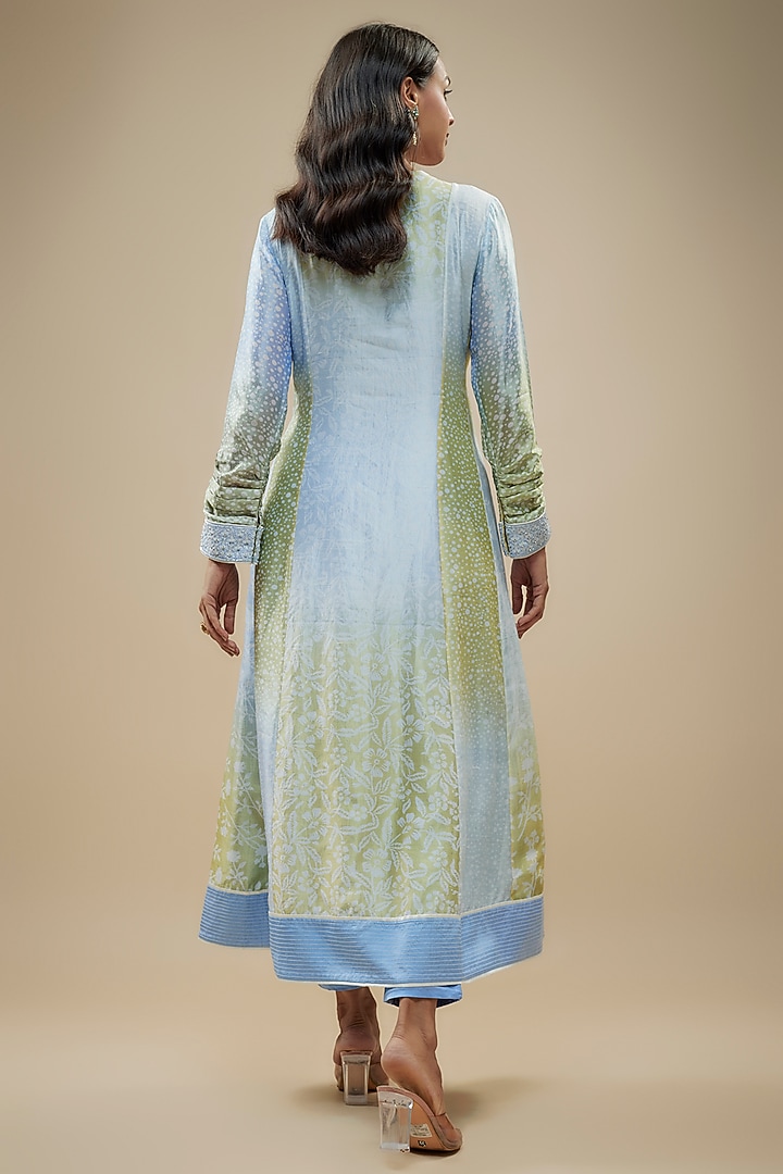 Multi-Colored Kora Silk Embroidered & Printed Kurta Set by Prisha's at Pernia's Pop Up Shop