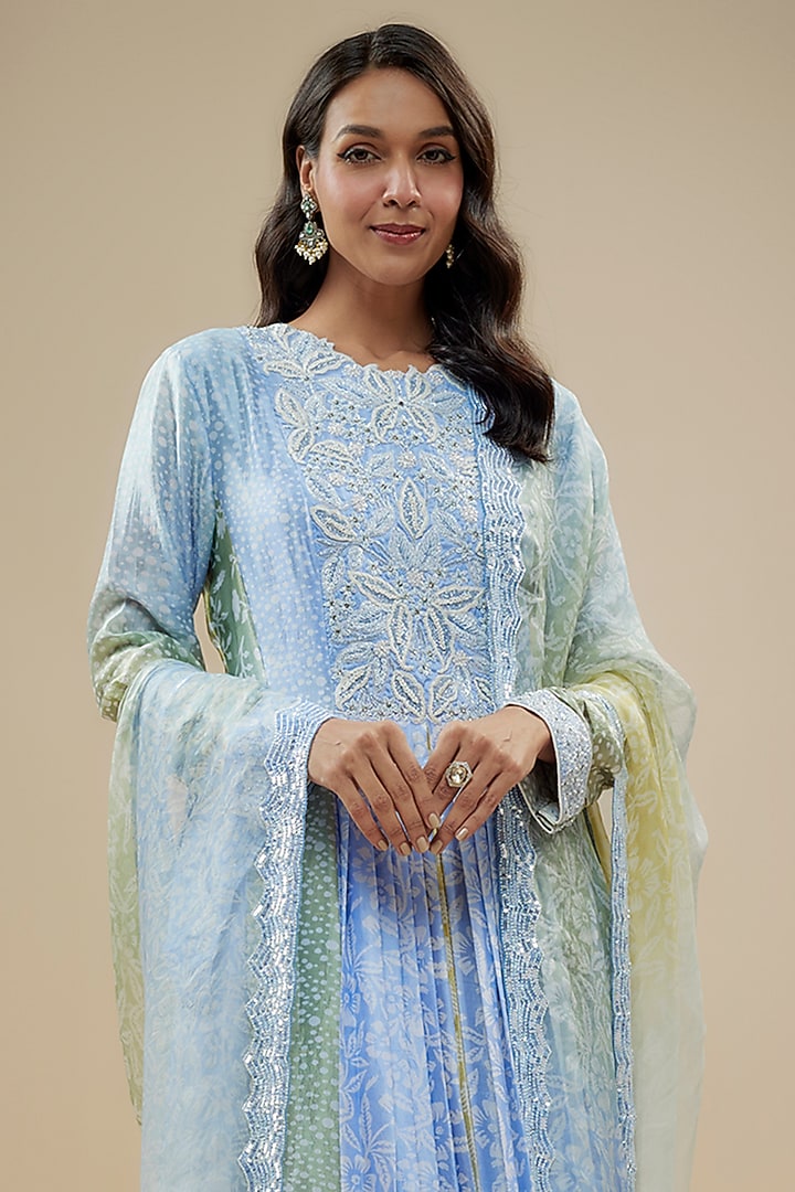 Multi-Colored Kora Silk Embroidered & Printed Kurta Set by Prisha's at Pernia's Pop Up Shop