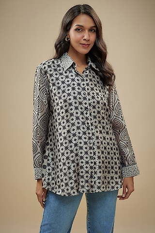 Black & Grey Kora Silk Embroidered & Printed Shirt by Prisha's