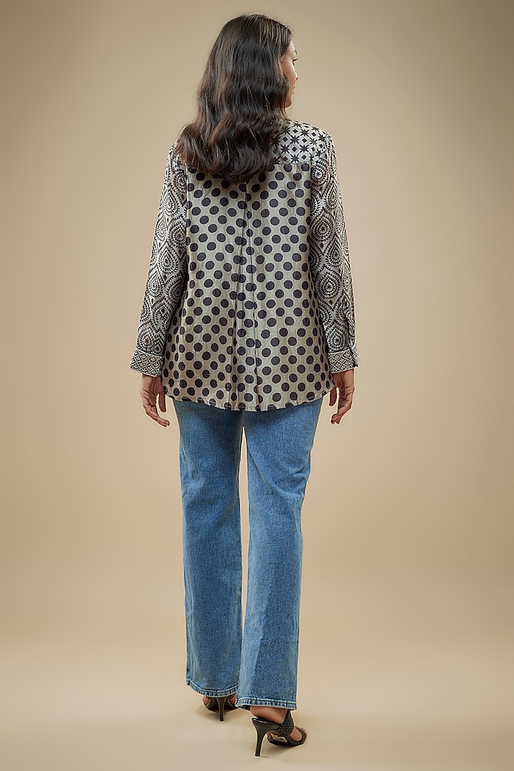 Black & Grey Kora Silk Embroidered & Printed Shirt by Prisha's at Pernia's Pop Up Shop