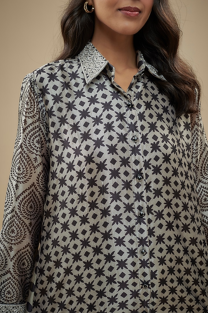 Black & Grey Kora Silk Embroidered & Printed Shirt by Prisha's at Pernia's Pop Up Shop
