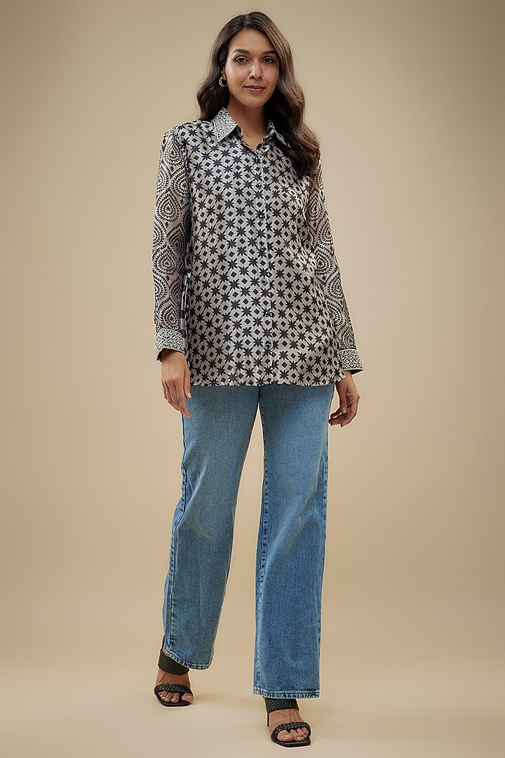 Black & Grey Kora Silk Embroidered & Printed Shirt by Prisha's at Pernia's Pop Up Shop