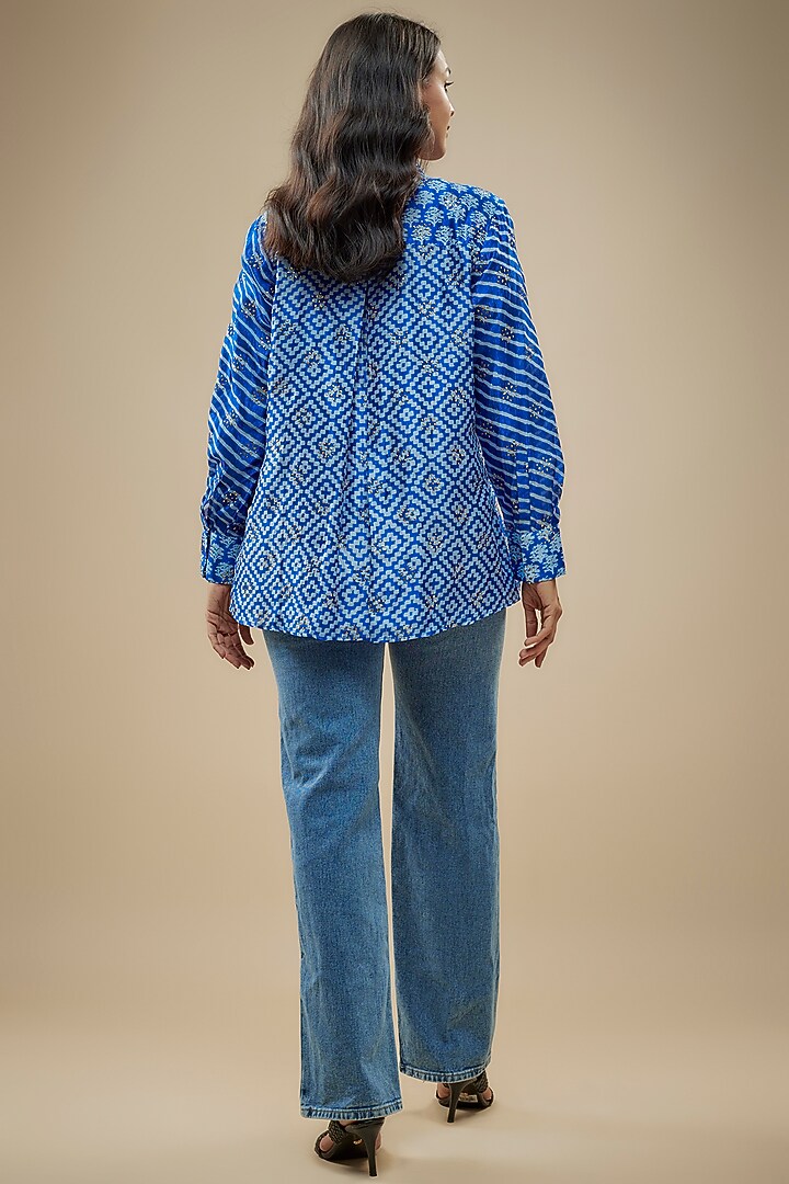 Blue & White Kora Silk Badla Embroidered & Block Printed Shirt by Prisha's at Pernia's Pop Up Shop