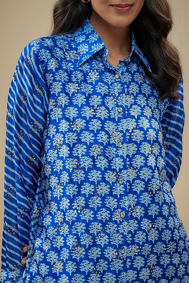 Blue & White Kora Silk Badla Embroidered & Block Printed Shirt by Prisha's at Pernia's Pop Up Shop