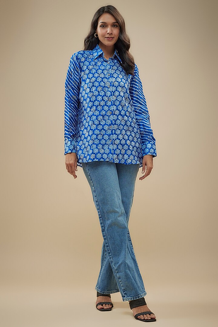 Blue & White Kora Silk Badla Embroidered & Block Printed Shirt by Prisha's at Pernia's Pop Up Shop