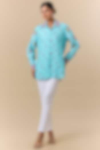 Light Blue Silk Digital Printed & Floral Embroidered Shirt by Prisha's at Pernia's Pop Up Shop