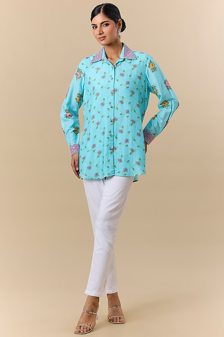 Light Blue Silk Digital Printed & Floral Embroidered Shirt by Prisha's at Pernia's Pop Up Shop