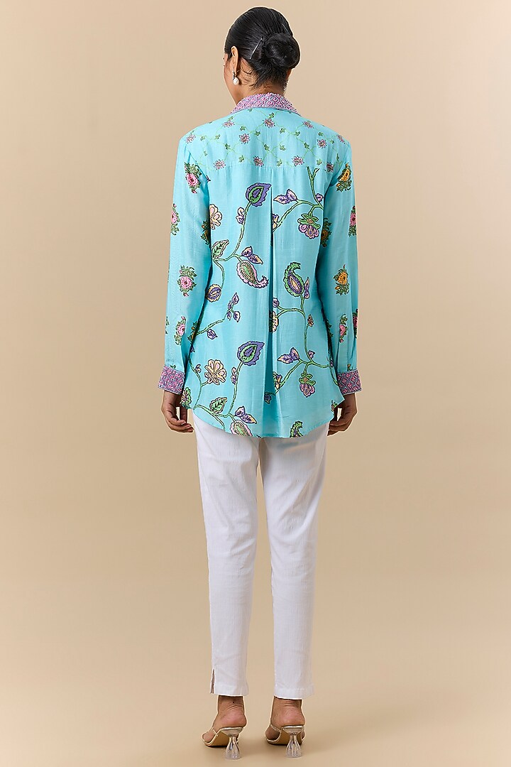 Light Blue Silk Digital Printed & Floral Embroidered Shirt by Prisha's at Pernia's Pop Up Shop