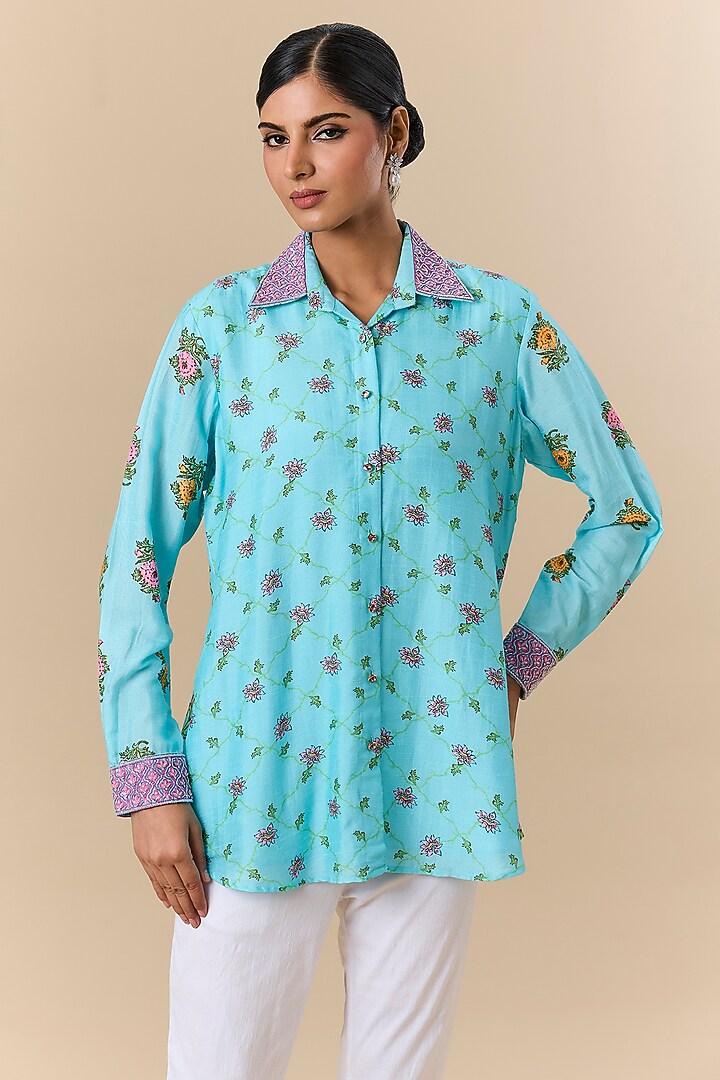 Light Blue Silk Digital Printed & Floral Embroidered Shirt by Prisha's at Pernia's Pop Up Shop