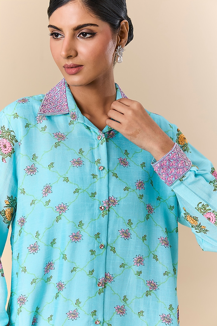 Light Blue Silk Digital Printed & Floral Embroidered Shirt by Prisha's at Pernia's Pop Up Shop