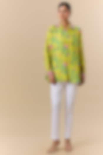 Green Silk Digital Printed & Floral Embroidered Shirt by Prisha's at Pernia's Pop Up Shop