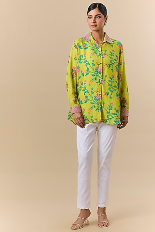 Green Silk Digital Printed & Floral Embroidered Shirt by Prisha's