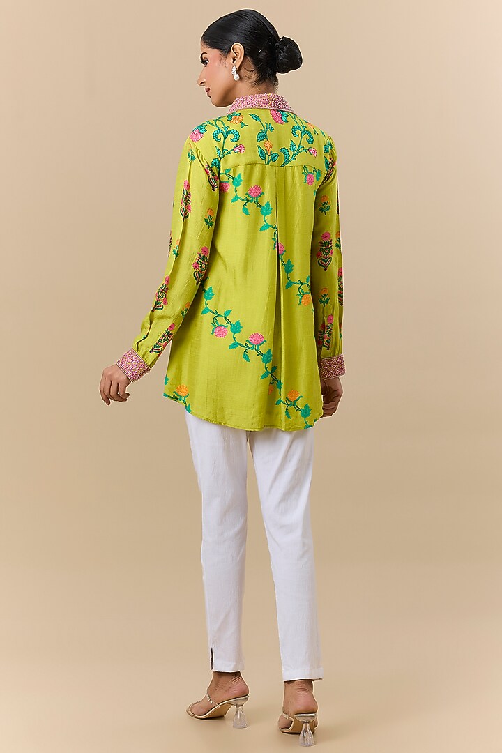Green Silk Digital Printed & Floral Embroidered Shirt by Prisha's at Pernia's Pop Up Shop