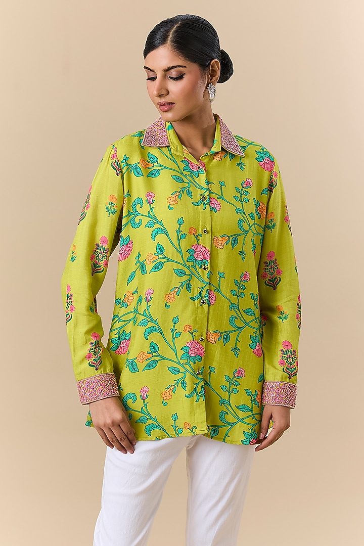 Green Silk Digital Printed & Floral Embroidered Shirt by Prisha's at Pernia's Pop Up Shop