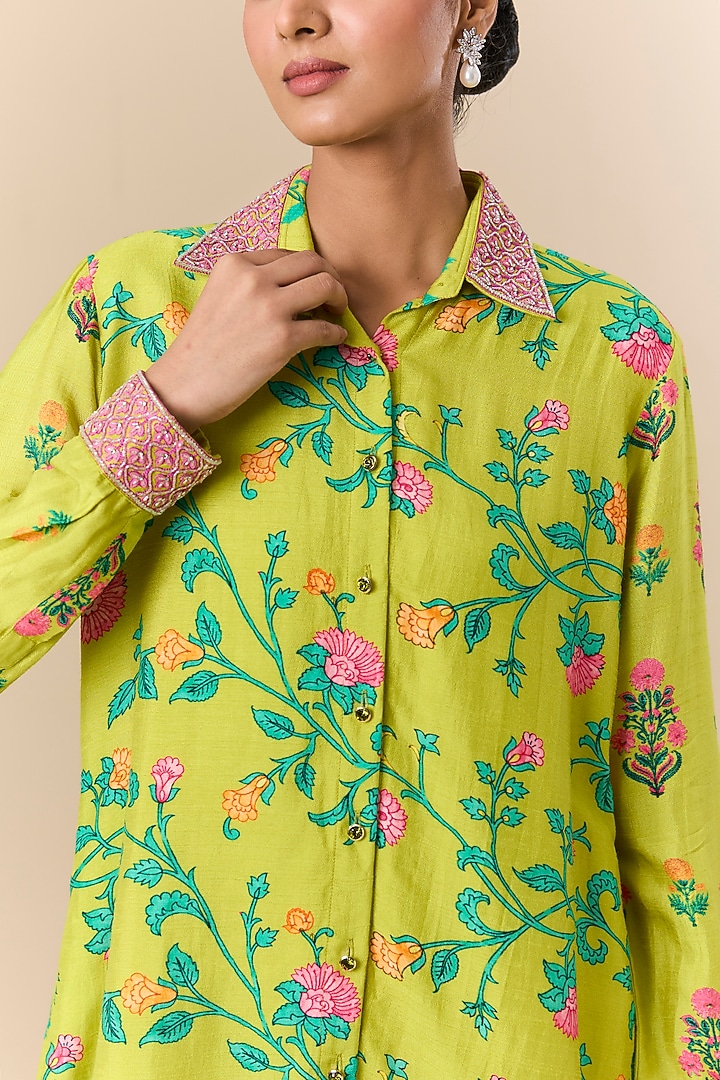 Green Silk Digital Printed & Floral Embroidered Shirt by Prisha's at Pernia's Pop Up Shop