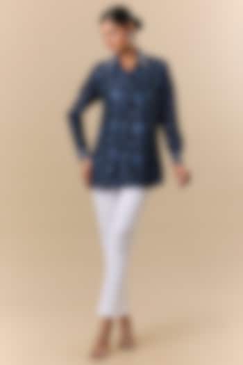 Black & Indigo Kora Silk Block Printed Shirt by Prisha's at Pernia's Pop Up Shop