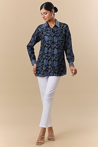 Black & Indigo Kora Silk Block Printed Shirt by Prisha's