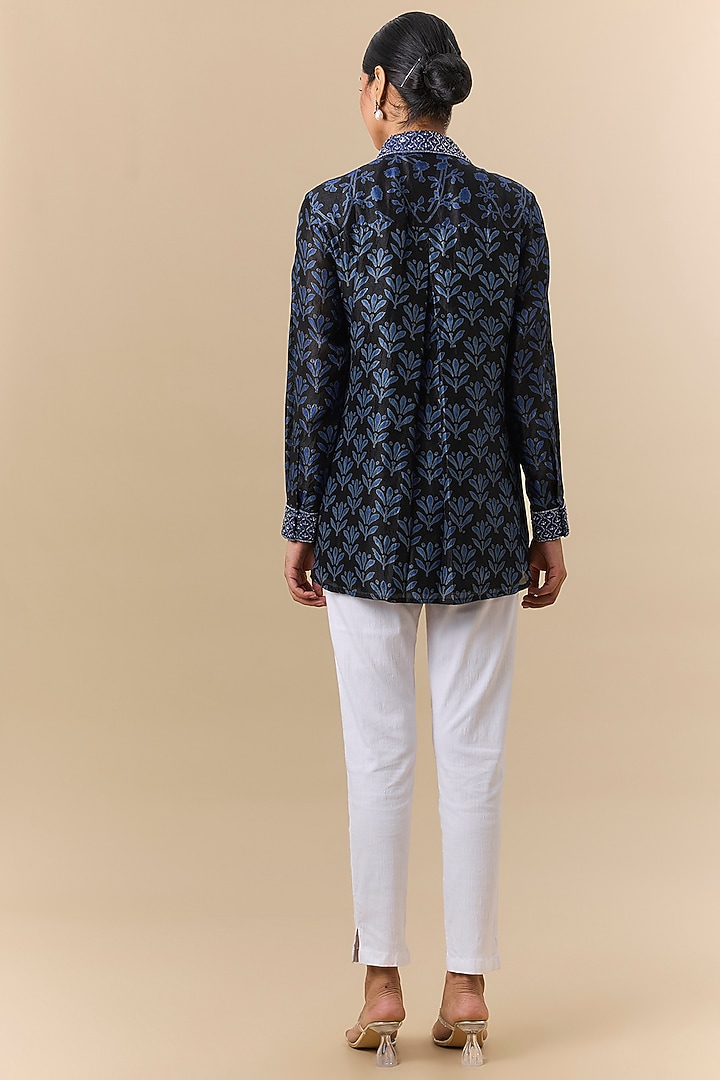 Black & Indigo Kora Silk Block Printed Shirt by Prisha's at Pernia's Pop Up Shop