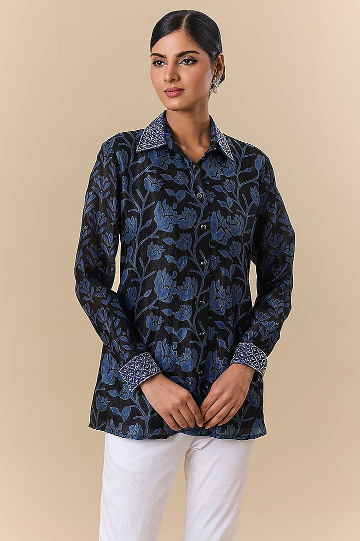 Black & Indigo Kora Silk Block Printed Shirt by Prisha's at Pernia's Pop Up Shop