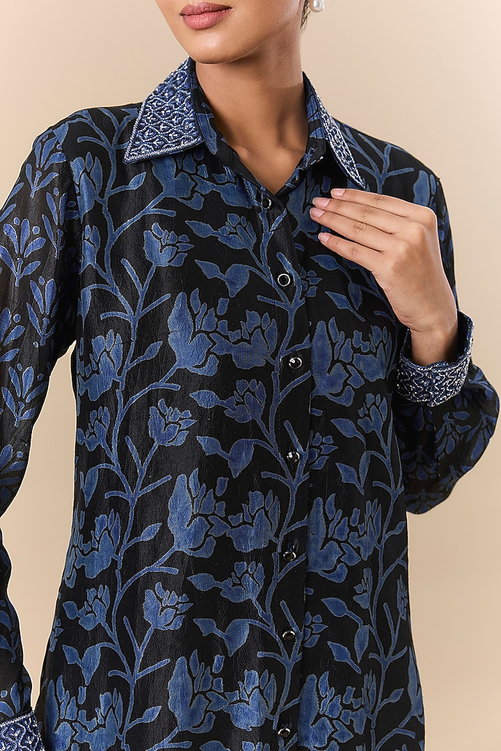 Black & Indigo Kora Silk Block Printed Shirt by Prisha's at Pernia's Pop Up Shop