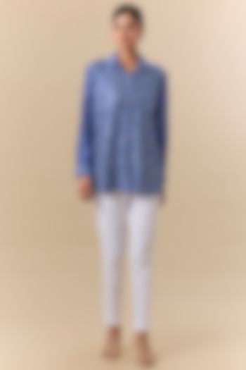 Blue Kora Silk Block Printed & Badla Embroidered Shirt by Prisha's at Pernia's Pop Up Shop
