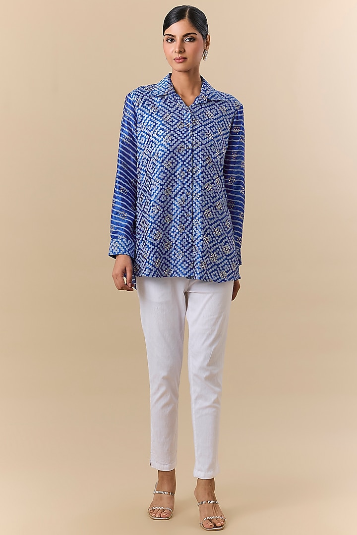 Blue Kora Silk Block Printed & Badla Embroidered Shirt by Prisha's at Pernia's Pop Up Shop